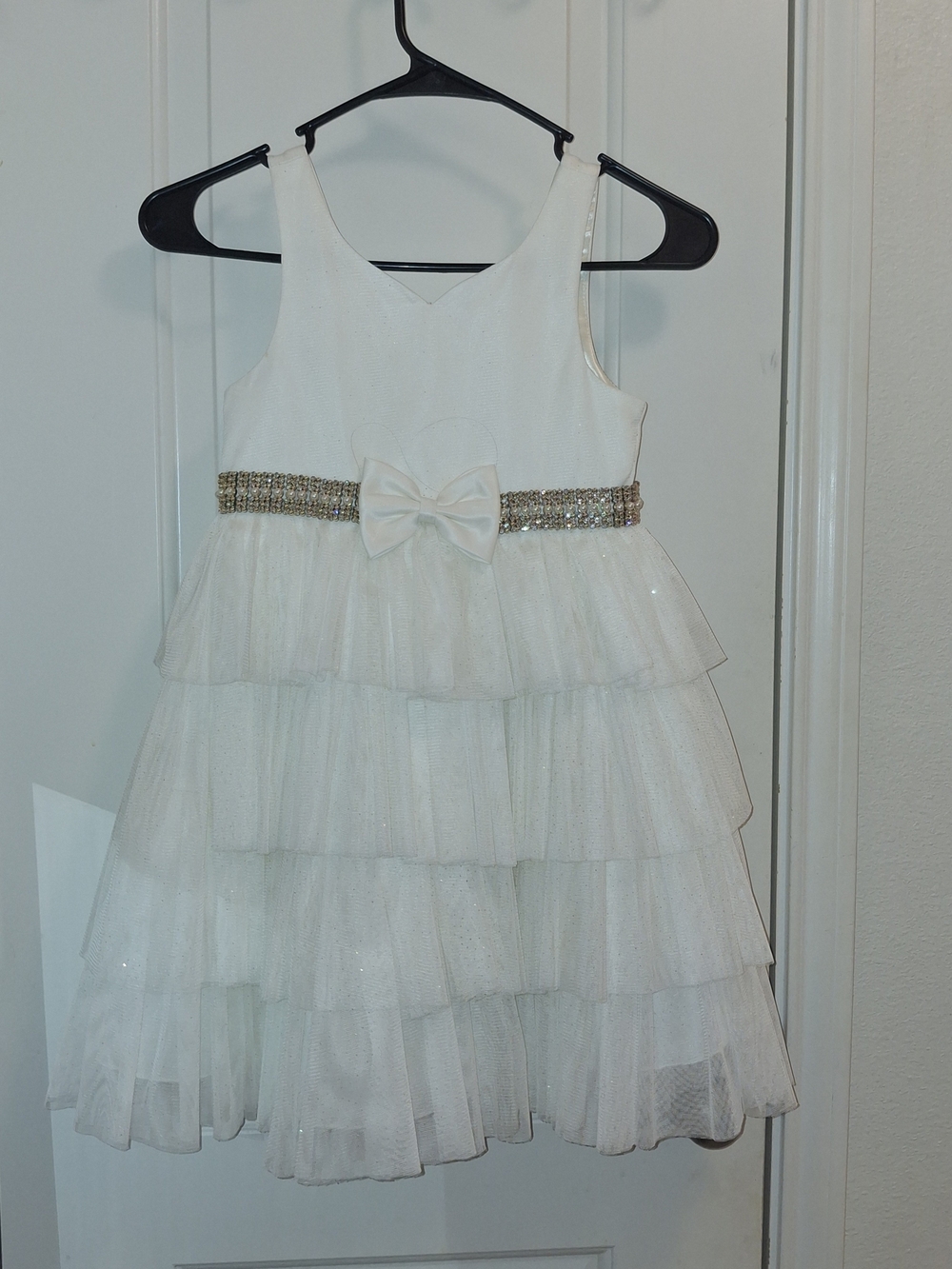 American Princess White Tiered Party Dress with Beaded Waist Bow